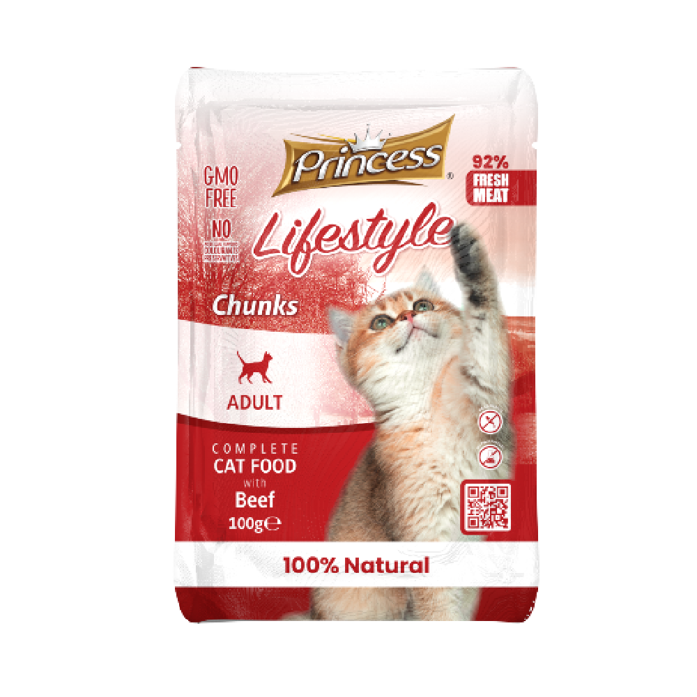 Princess Life Style Chunks With Beef Cat Wet Food Pouch 100G - برنسيس لايف ستايل طعام رطب للقطط مع قطع اللحم البقري - 100 جرام