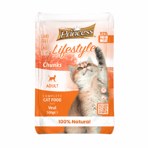 Princess Life Style Chunks With Veal Cat Wet Food Pouch 100G - برنسيس لايف ستايل طعام رطب للقطط مع قطع لحم العجل - 100 جرام