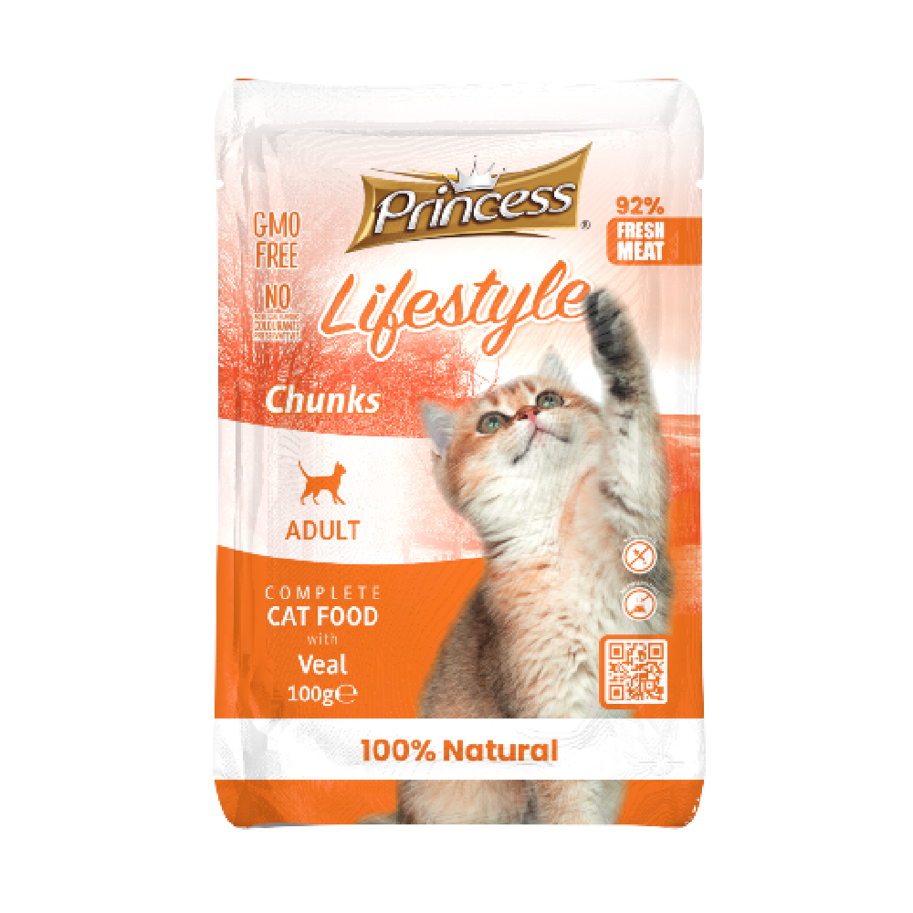 Princess Life Style Chunks With Veal Cat Wet Food Pouch 100G - برنسيس لايف ستايل طعام رطب للقطط مع قطع لحم العجل - 100 جرام