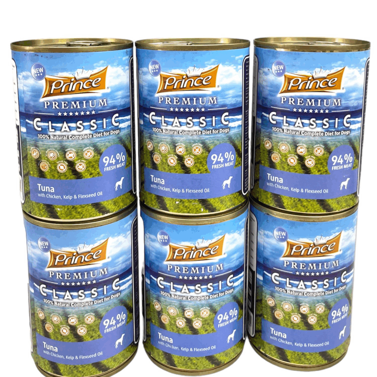 Prince Premium Tuna With Chicken, Kelp And Flaxseed Oil 400 G - 6 Pcs - مجموعة اكل الكلاب من 6 قطع, عالية الجودة مكونة من قطع التونة اللذيذة والصحية 400 جرام
