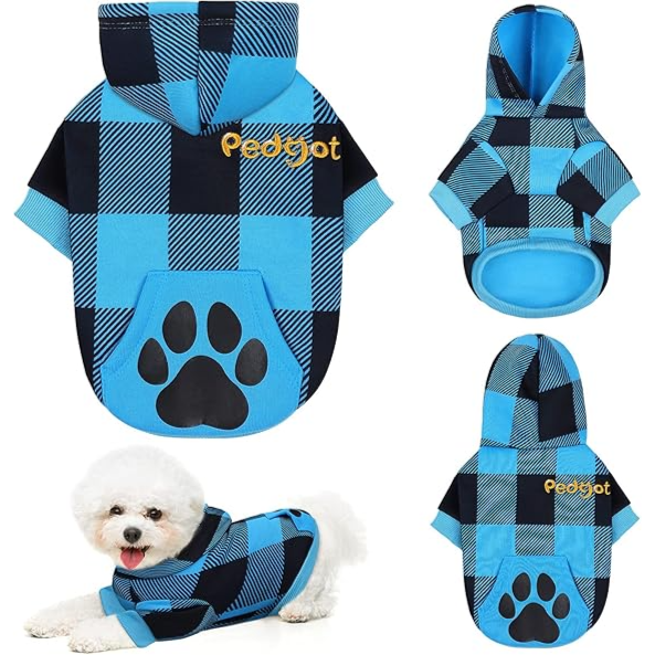 Pedgot Blue and Black Plaid pet Hoodie Pet Clothes with Hat Pet with Dog Footprints Patterns Pocket, Warm, Soft and Breathable, M size  هودي للحيوانات الأليفة من بيدجوت، بنقشة مربعات زرقاء وسوداء، مع قبعة وجيب، دافئ، ناعم، وجيد التهوية، مقاس متوسط