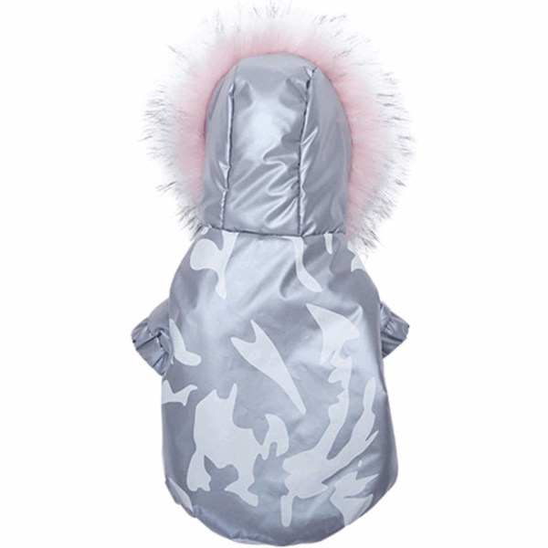 Windproof Pet Down Jacket with Pink Plush Hat for Winter, Cat Camouflage Waterproof Silver color XS - جاكيت شتوي مقاوم للرياح للحيوانات الأليفة مع قبعة وردية مخملية، لون فضي مموه مقاوم للماء، مقاس XS