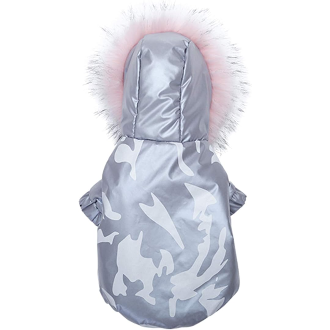 Windproof Pet Down Jacket with Pink Plush Hat for Winter, Cat Camouflage Waterproof Silver color XS - جاكيت شتوي مقاوم للرياح للحيوانات الأليفة مع قبعة وردية مخملية، لون فضي مموه مقاوم للماء، مقاس XS