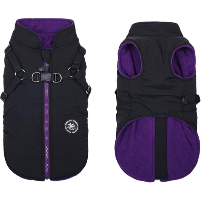 Norbi PET Winter Coat with Harness Built in, Waterproof Windproof Jacket, All Weather Cold purple color XL size  معطف نوربي PET الشتوي مزود بحزام مدمج، سترة مقاومة للماء والرياح، مناسب لجميع الأحوال الجوية الباردة، لون بنفسجي، مقاس XL