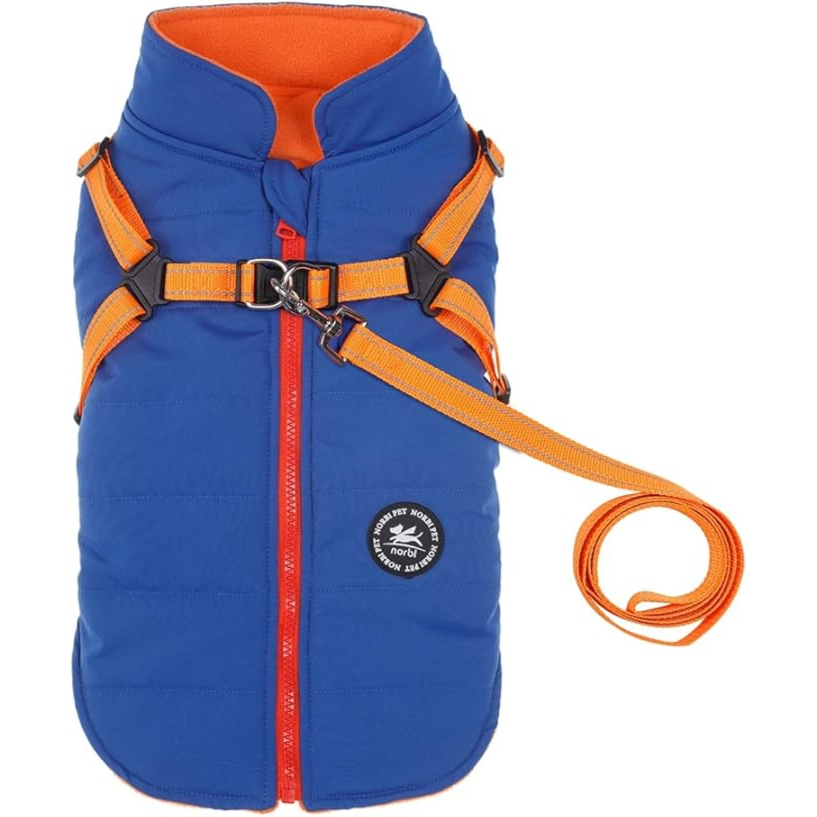 Norbi Pet Warm Jacket Harness With Leash Puppy Winter 2 in 1 Outfit Cold Weather Coat L Size  طقم ملابس شتوية دافئة للجراء من نوربي، يتضمن سترة وحزامًا ومقودًا، مناسب للطقس البارد 2 في 1 مقاس كبير