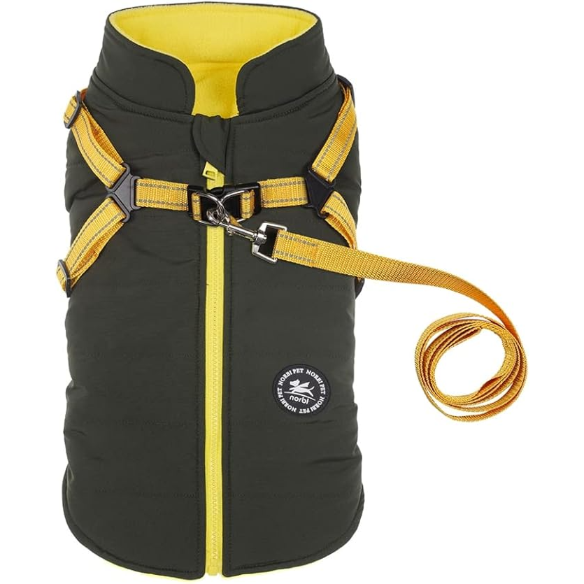 Norbi Pet Warm Jacket Harness With Leash pet Winter 2 in 1 Cold Weather Coat XL size - سترة نوربي الدافئة للحيوانات الأليفة مع حزام ومقود، معطف شتوي 2 في 1 للطقس البارد
