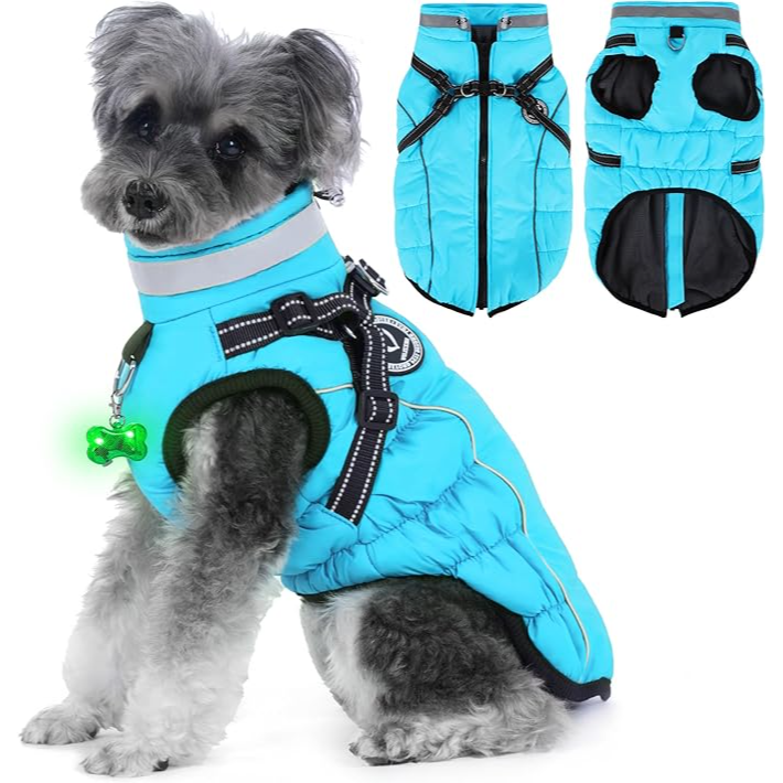 Waterproof pet Jacket with Built-in Harness, Winter SnowWarm Coat with Luminous Pendant and Reflective Strips, Adjustable Straps XL size  سترة مقاومة للماء للحيوانات الأليفة مزودة بحزام مدمج، معطف شتوي دافئ مع قلادة مضيئة وشرائط عاكسة، وأحزمة قابلة للتعديل