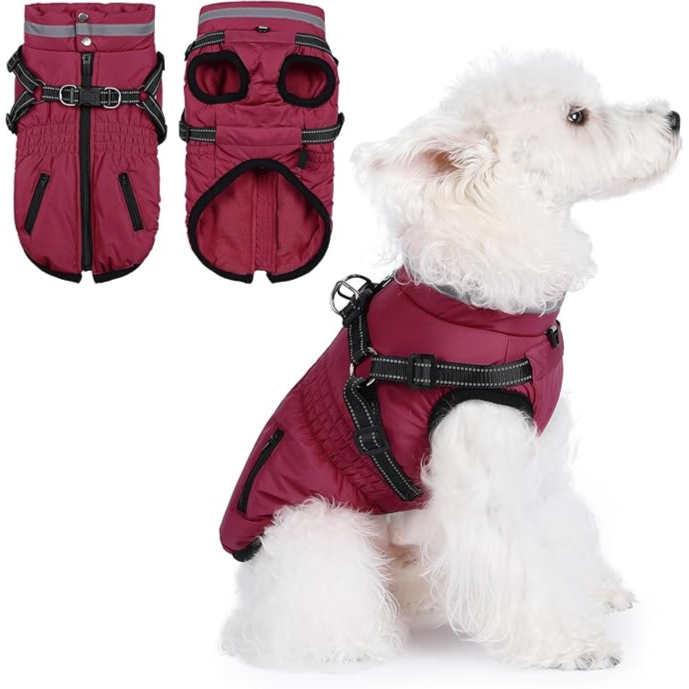 pet Coat, Winter Waterproof Harness Jacket, Waterproof Coat with Reflective Harness and Zipper L size  معطف للحيوانات الأليفة، سترة شتوية مقاومة للماء مع حزام عاكس وسحاب