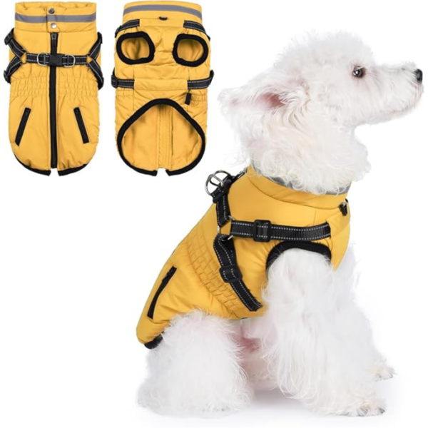 Warm, waterproof, padded winter jacket for cold weather with a harness; includes a reflective strip for enhanced nighttime safety. XL  جاكيت شتوي مبطن مقاوم للماء دافئ للطقس البارد مع حزام, يحتوي على شريط عاكس لتعزيز الأمان ليلاً XL