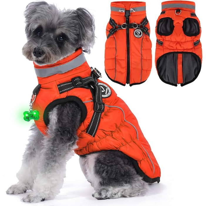 Waterproof pet Jacket with Built-in Harness, Winter SnowWarm Coat with Luminous Pendant and Reflective Strips, Adjustable Straps M size ORANG COLOR - سترة مقاومة للماء للحيوانات الأليفة مزودة بحزام مدمج، معطف شتوي دافئ مع قلادة مضيئة وشرائط عاكسة، وأحزمة قابلة للتعديل مقاس متوسط لون برتقالي