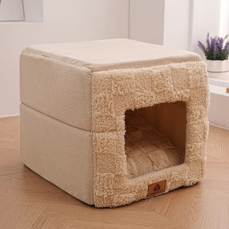 FAIRYPET  PET BED MAT a warm, windproof winter that can be converted into a semi-enclosed pet bed with a removable cushion; soft and comfortable in khaki.-بيت قطة شتوي مقاوم للرياح ودافئ ويمكن تحويله الى سرير حيوانات أليفة شبه مغلق  مع وسادة قابلة للإزالة، ناعم ومريح باللون الخاخي