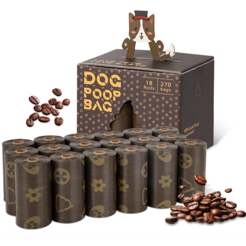 DBFAIRY Dog Poop Bags Coffee Scented, 18 Rolls 270 Count Compostable Dog Waste Bags Strong Thick, Leak Proof