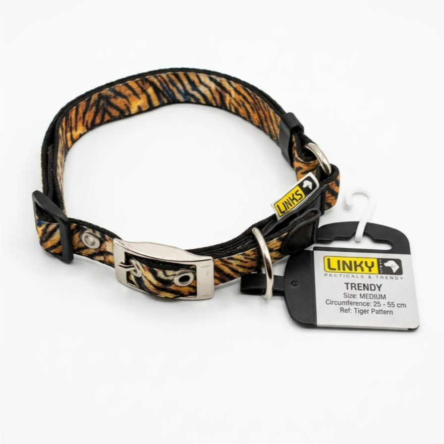Gold Linky Tiger Animal Print Dog Collar Linky collar M size 2*35<55 – Adjustable.