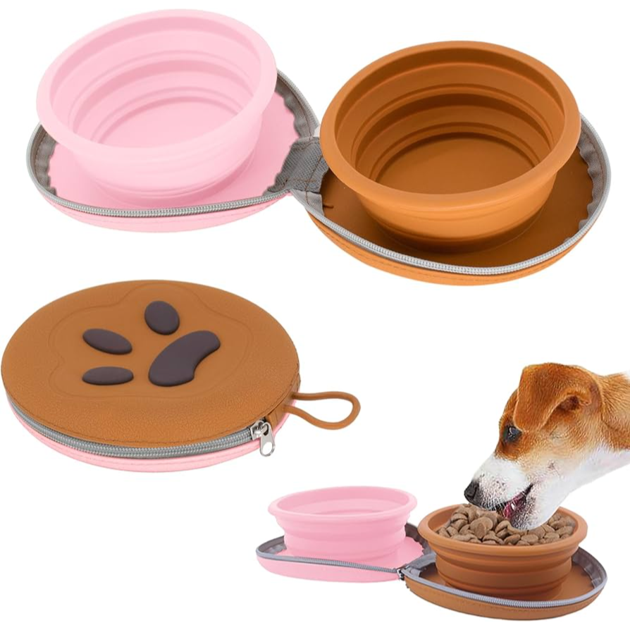 pet collapsible bowl pink& brown color