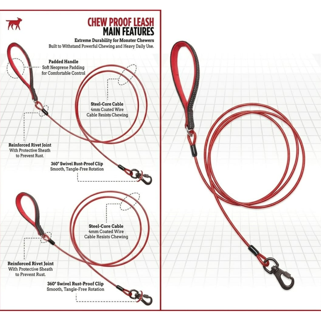 Leash chew proof cable red 6 ft